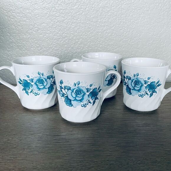 Vintage Corning Blue Floral Coffee Mugs Cups 4-pc Set - Picture 2 of 5